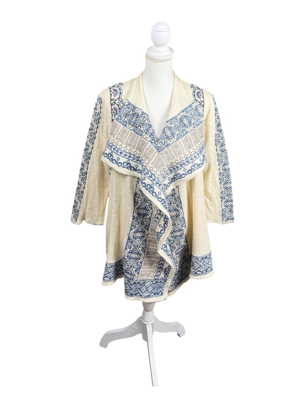 John Mark Embroidered Boho Open Front Cardigan Sweater Cream Blue Size Large